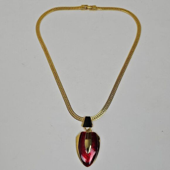 Vintage Jewelry - Vintage Black Red Enamel Fixed Pendant Necklace Gold Tone Chain 80s 90s Chunky